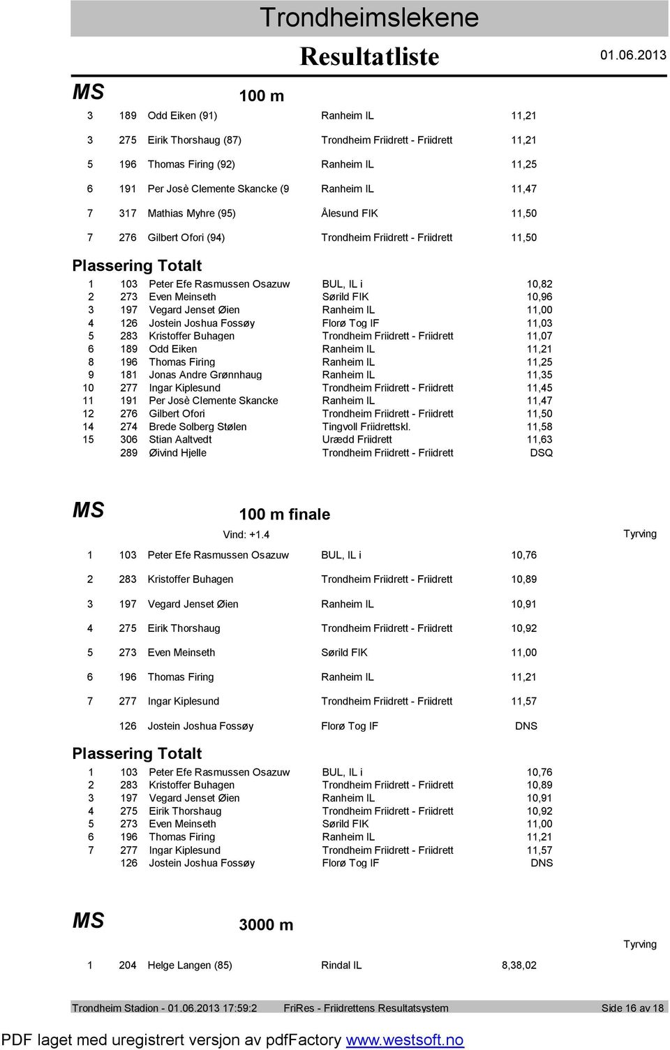 Ofri (9) Trndheim Friidrett Friidrett,0 0 Peter Efe Rasmussen Osazuw BUL, IL i 0,8 Even Meinseth Sørild FIK 0,9 9 Vegard Jenset Øien Ranheim IL,00 Jstein Jshua Fssøy Flrø Tg IF,0 8 Kristffer Buhagen