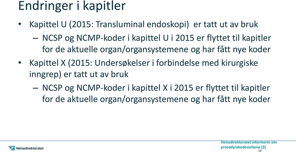 Kapittel X (2015: Undersøkelser i forbindelse med kirurgiske inngrep) er tatt ut av bruk NCSP og