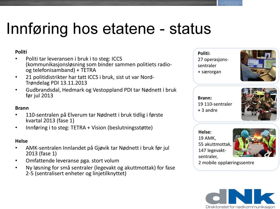 2013 Gudbrandsdal, Hedmark og Vestoppland PDI tar Nødnett i bruk før jul 2013 Brann 110-sentralen på Elverum tar Nødnett i bruk tidlig i første kvartal 2013 (fase 1) Innføring i to steg: TETRA +