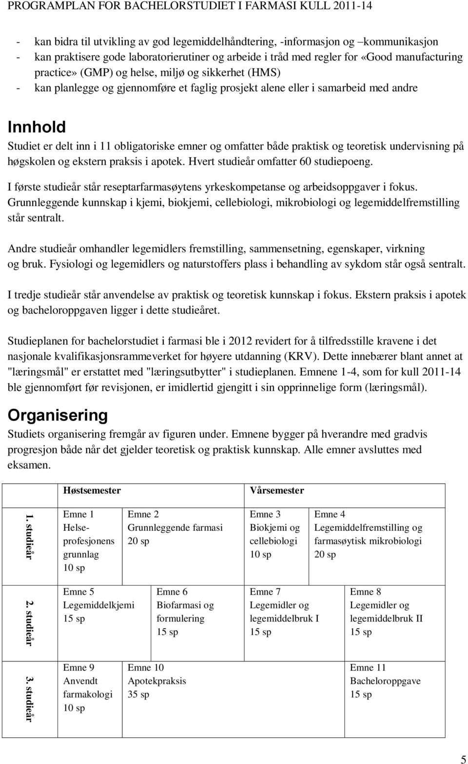 arbeide i tråd med regler for «Good manufacturing practice» (GMP) og helse, miljø og sikkerhet (HMS) - kan planlegge og gjennomføre et faglig prosjekt alene eller i samarbeid med andre Innhold