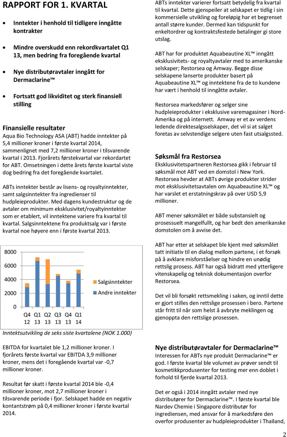 god likviditet og sterk finansiell stilling Finansielle resultater Aqua Bio Technology ASA (ABT) hadde inntekter på 5,4 millioner kroner i første kvartal 2014, sammenlignet med 7,2 millioner kroner i