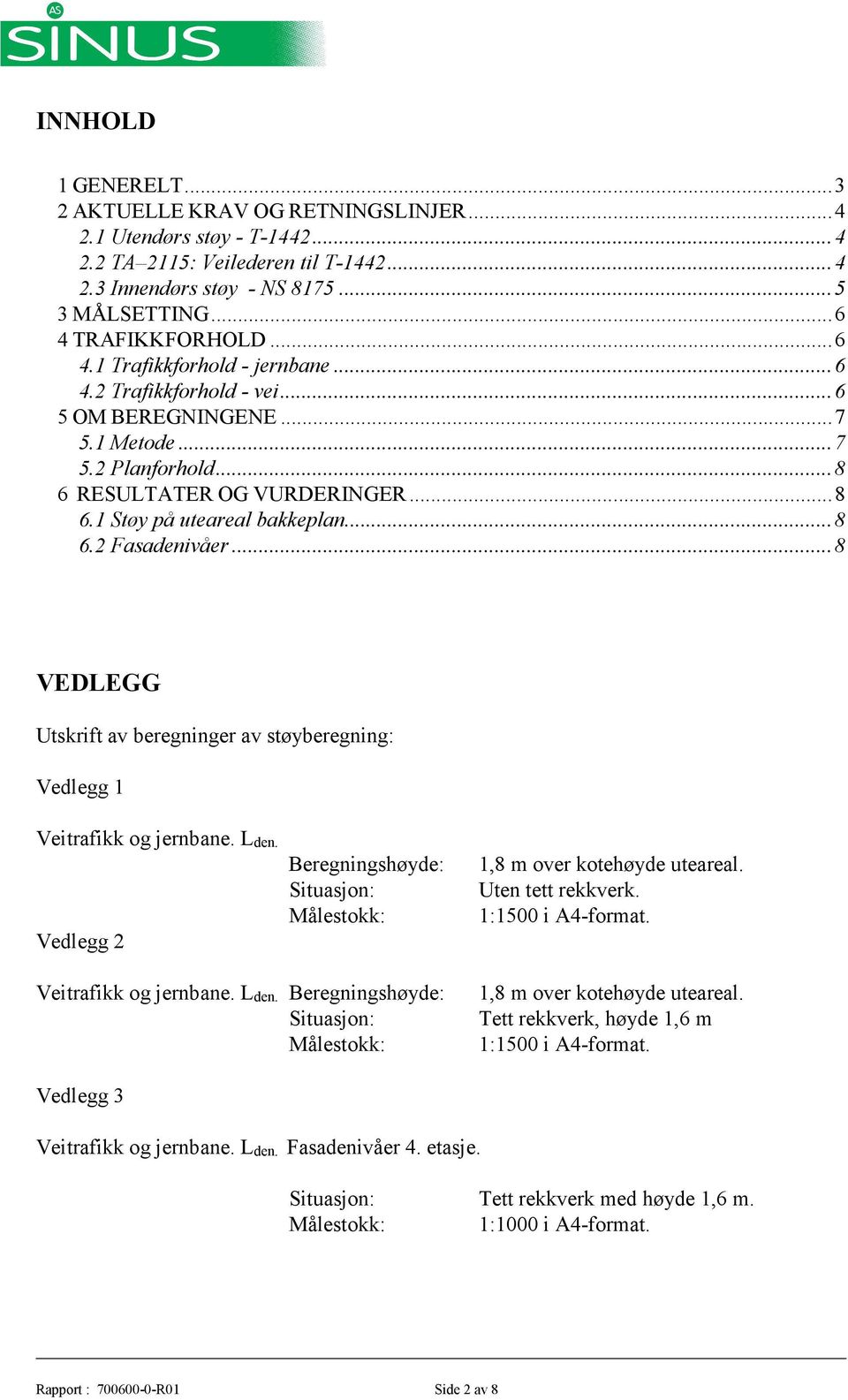 .. 8 6.2 Fasadenivåer... 8 VEDLEGG Utskrift av beregninger av støyberegning: Vedlegg 1 Veitrafikk og jernbane. Lden. Vedlegg 2 Beregningshøyde: Situasjon: Målestokk: 1,8 m over kotehøyde uteareal.