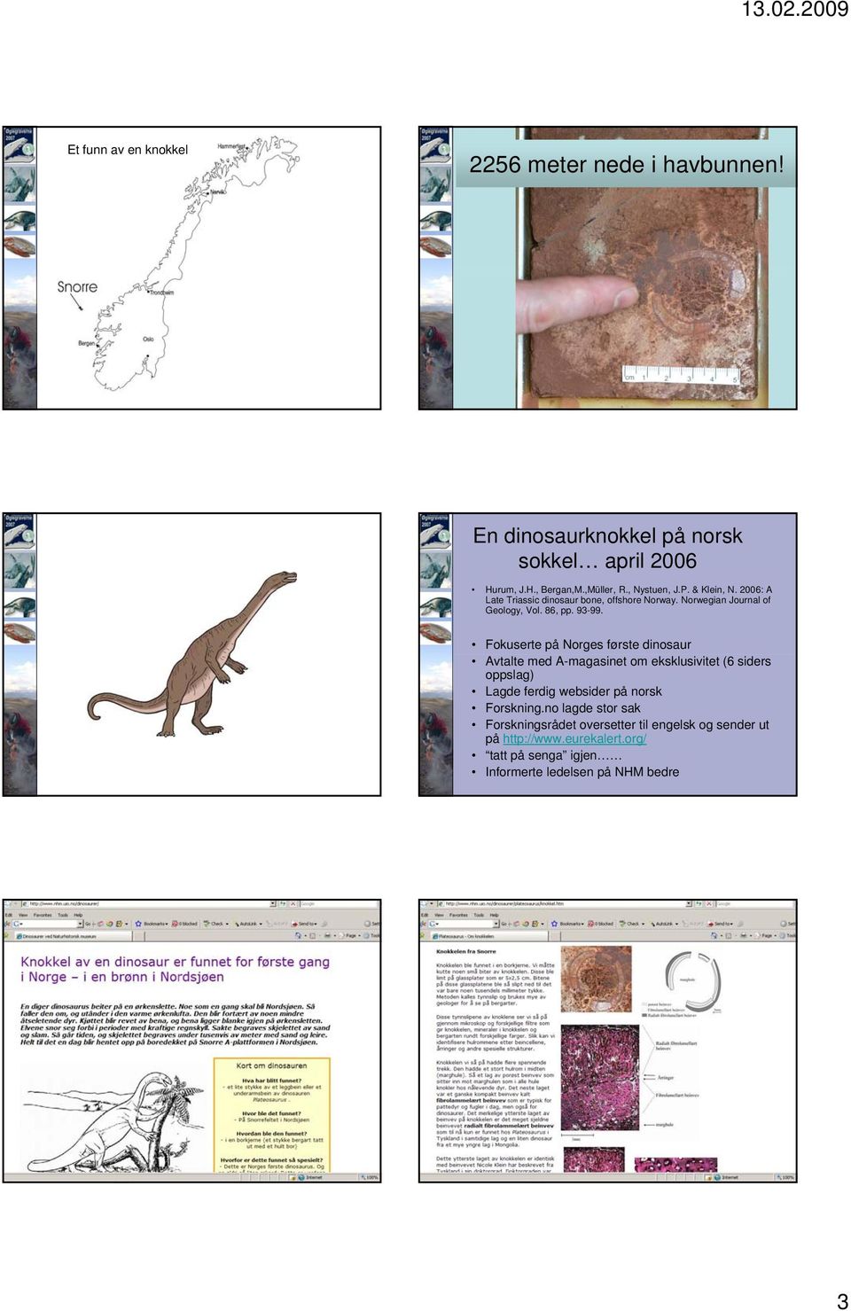 Fokuserte på Norges første dinosaur Avtalte med A-magasinet om eksklusivitet (6 siders oppslag) Lagde ferdig websider på norsk Forskning.