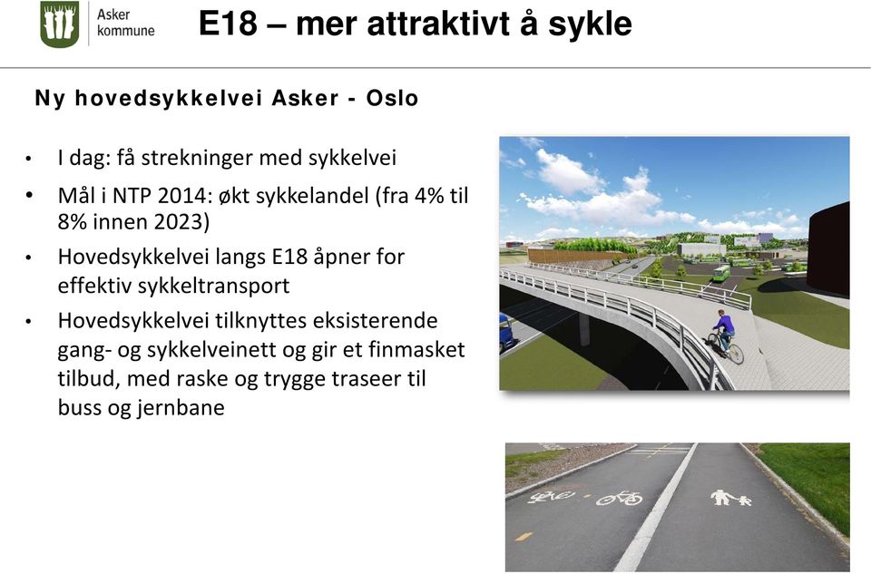 langs E18 åpner for effektiv sykkeltransport Hovedsykkelvei tilknyttes eksisterende