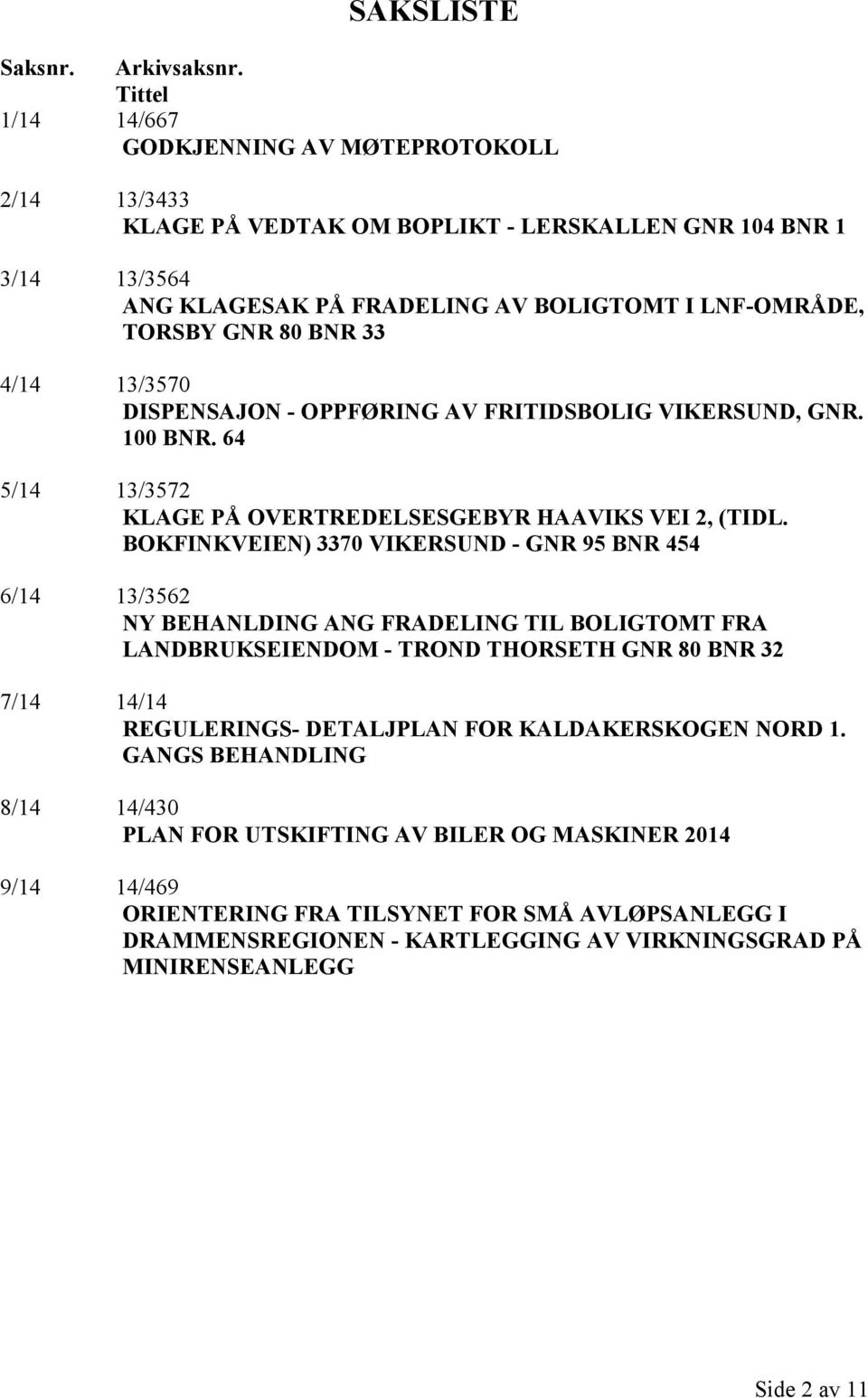 33 4/14 13/3570 DISPENSAJON - OPPFØRING AV FRITIDSBOLIG VIKERSUND, GNR. 100 BNR. 64 5/14 13/3572 KLAGE PÅ OVERTREDELSESGEBYR HAAVIKS VEI 2, (TIDL.