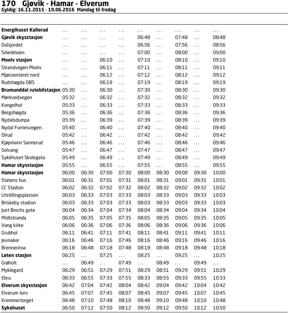 .. 07:12... 08:12... 09:12 Rudshøgda OBS...... 06:19... 07:19... 08:19... 09:19 Brumunddal rutebilstasjon 05:30... 06:30... 07:30... 08:30... 09:30 Mørkvedvegen 05:32... 06:32... 07:32... 08:32.