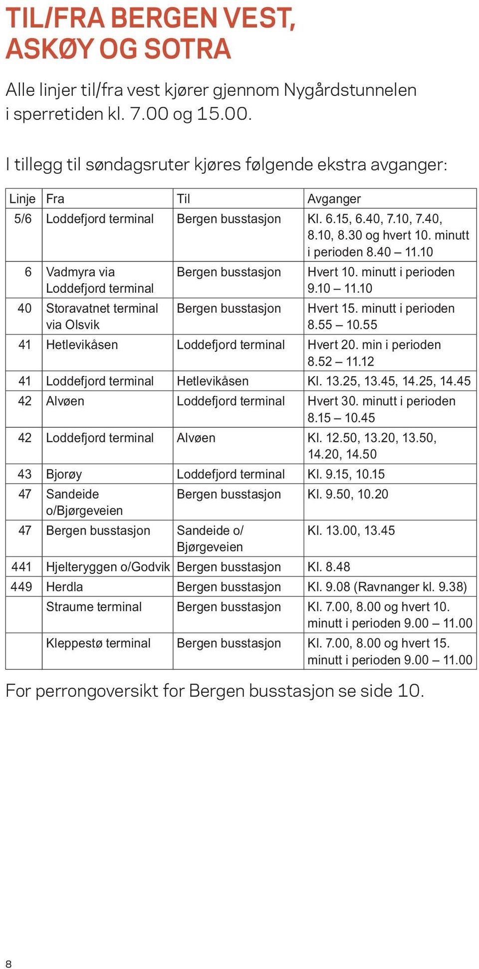 minutt i perioden 8.40 11.10 6 Vadmyra via Loddefjord terminal 40 Storavatnet terminal via Olsvik Bergen busstasjon Bergen busstasjon Hvert 10. minutt i perioden 9.10 11.10 Hvert 15.