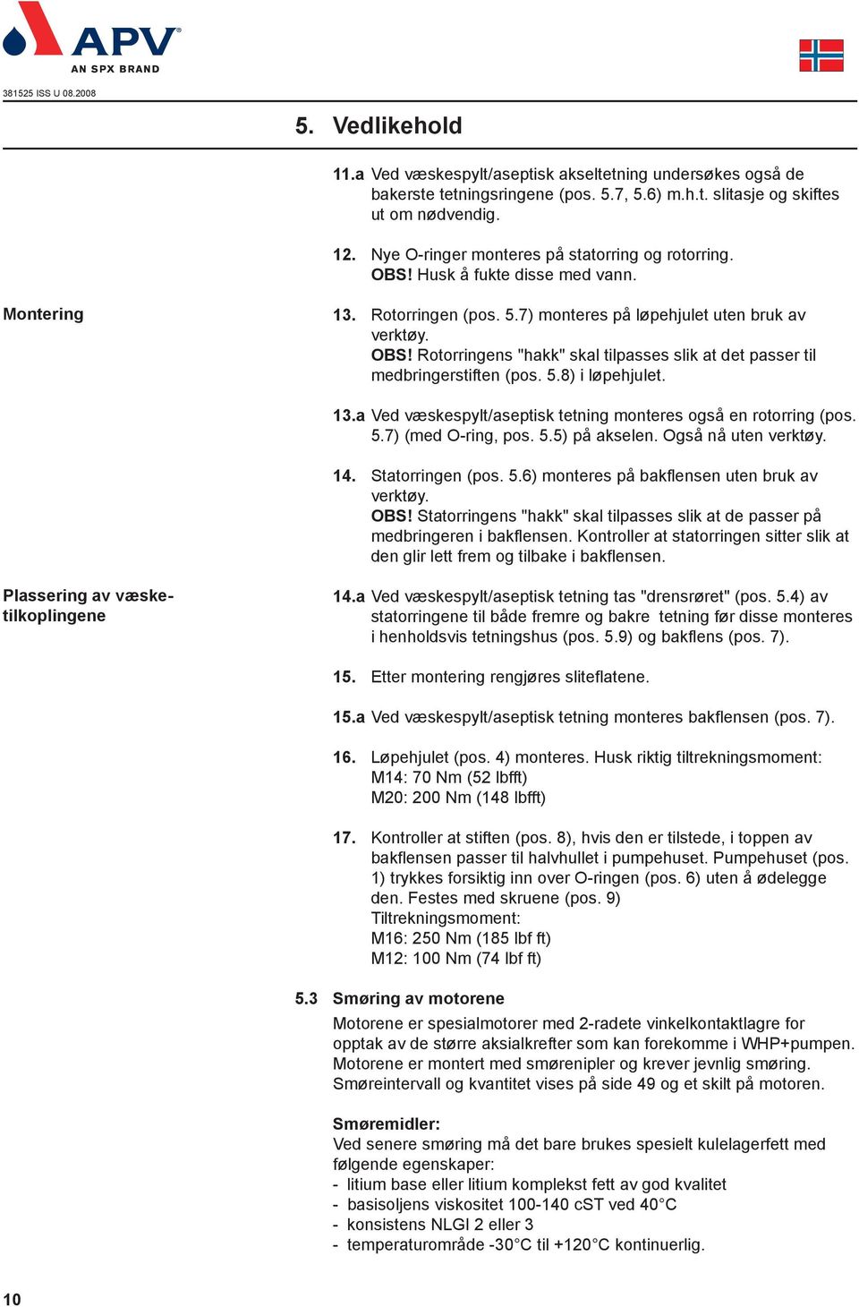 5.8) i løpehjulet. 13.a Ved væskespylt/aseptisk tetning monteres også en rotorring (pos. 5.7) (med O-ring, pos. 5.5) på akselen. Også nå uten verktøy. 14. Statorringen (pos. 5.6) monteres på bakflensen uten bruk av verktøy.