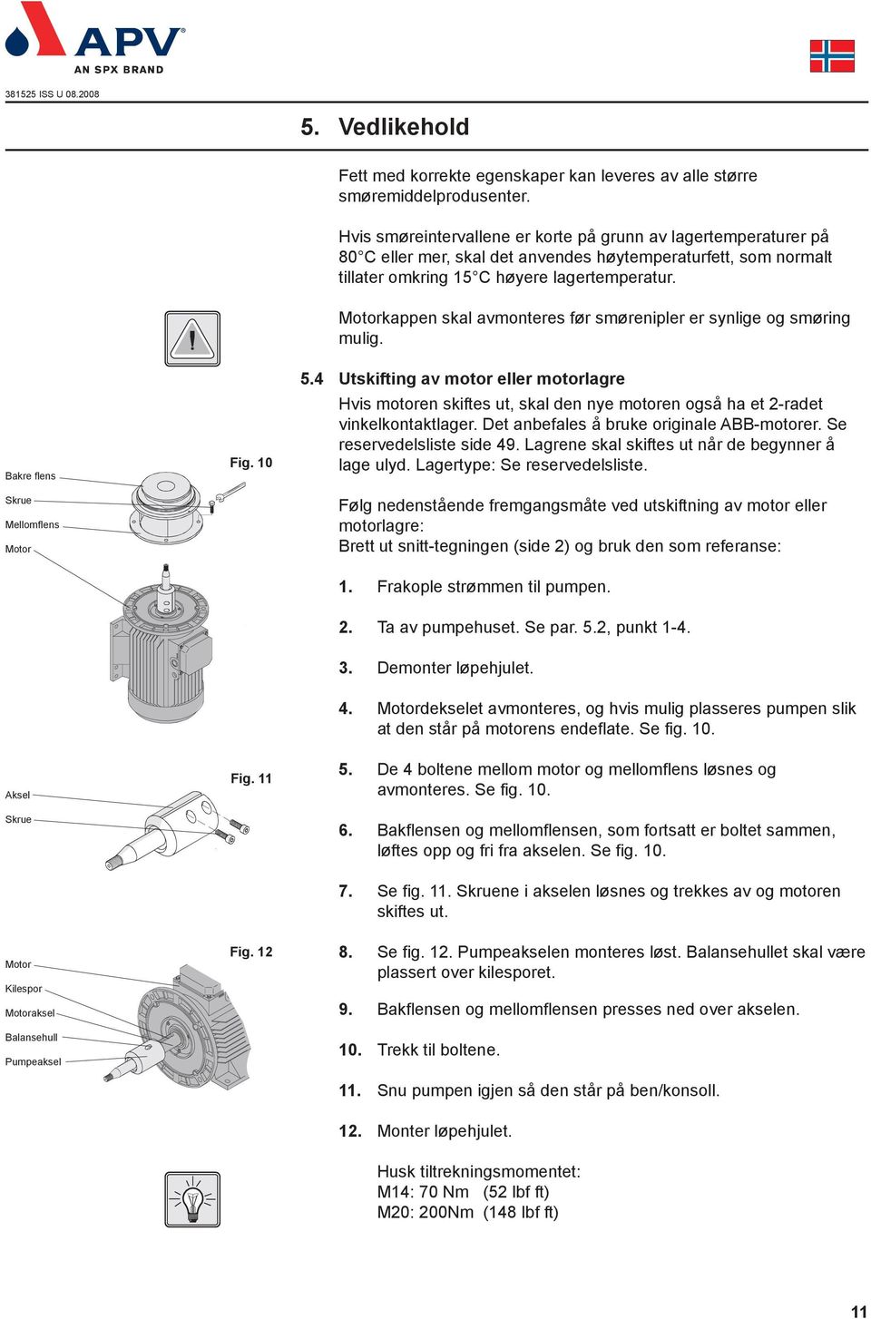 Motorkappen skal avmonteres før smørenipler er synlige og smøring mulig. Bakre flens Skrue Mellomflens Motor Fig. 10 5.