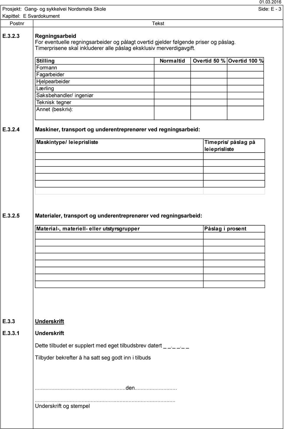 Stilling Normaltid Overtid 50 % Overtid 100 % Formann Fagarbeider Hjelpearbeider Lærling Saksbehandler/ ingeniør Teknisk tegner Annet (beskriv): E.3.2.