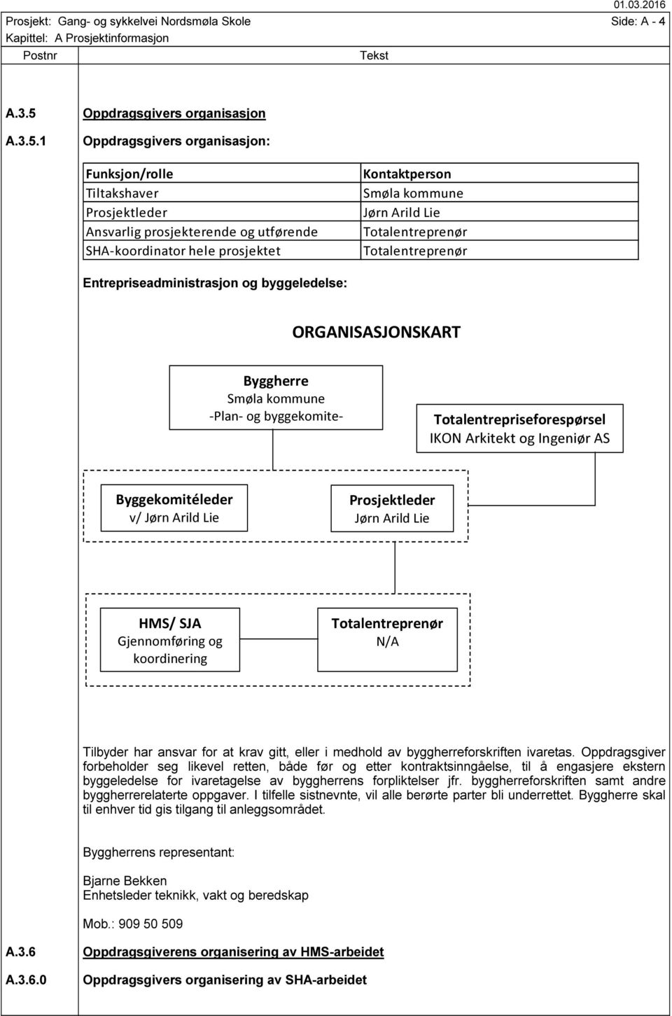 1 Oppdragsgivers organisasjon Oppdragsgivers organisasjon: Funksjon/rolle Tiltakshaver Prosjektleder Ansvarlig prosjekterende og utførende SHA-koordinator hele prosjektet Kontaktperson Smøla kommune