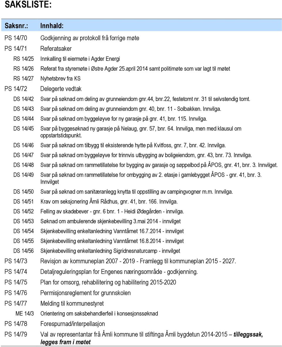 eiermøte i Agder Energi Referat fra styremøte i Østre Agder 25.april 2014 samt politimøte som var lagt til møtet Nyhetsbrev fra KS Delegerte vedtak Svar på søknad om deling av grunneiendom gnr.