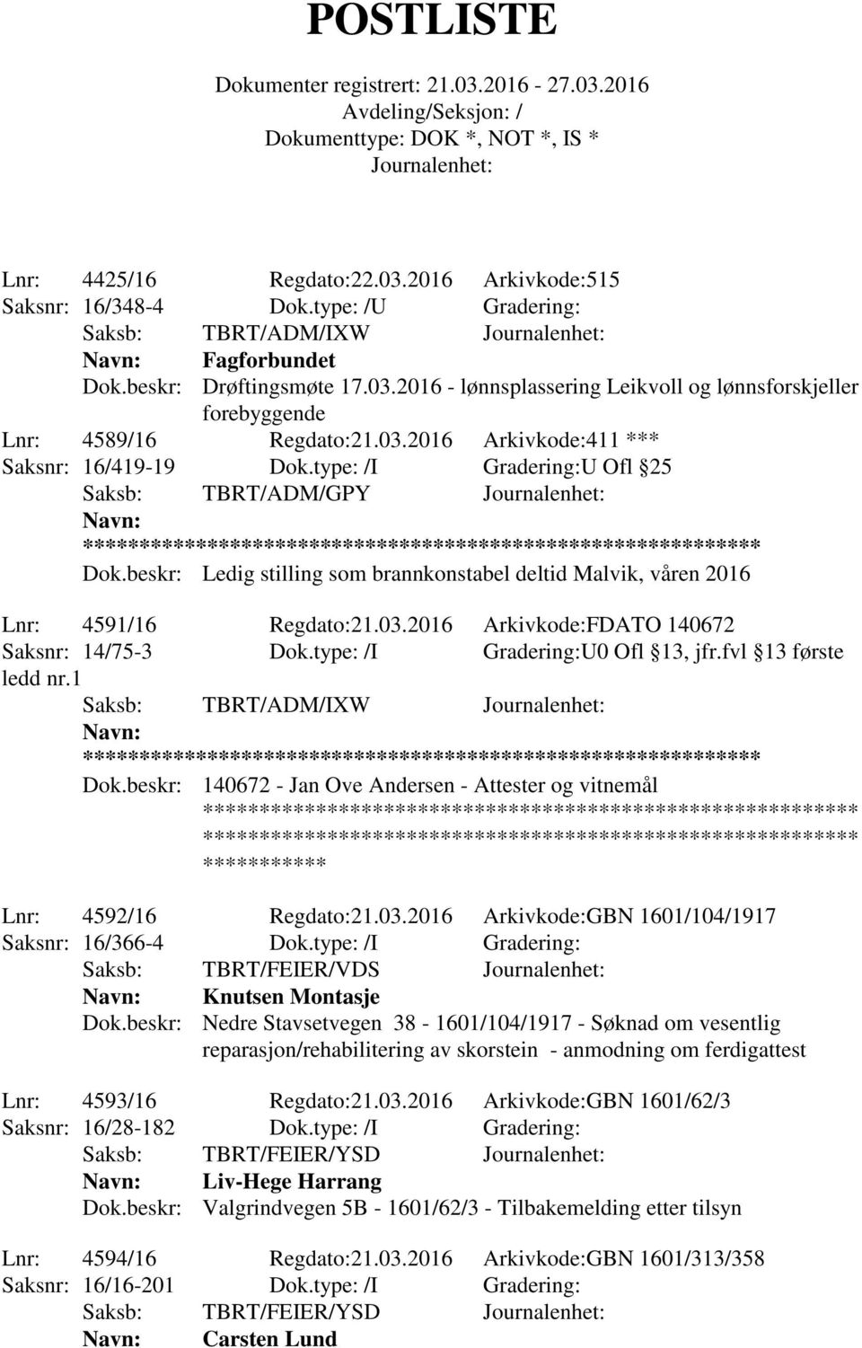 beskr: Ledig stilling som brannkonstabel deltid Malvik, våren 2016 Lnr: 4591/16 Regdato:21.03.2016 Arkivkode:FDATO 140672 Saksnr: 14/75-3 Dok.type: /I Gradering:U0 Ofl 13, jfr.fvl 13 første ledd nr.