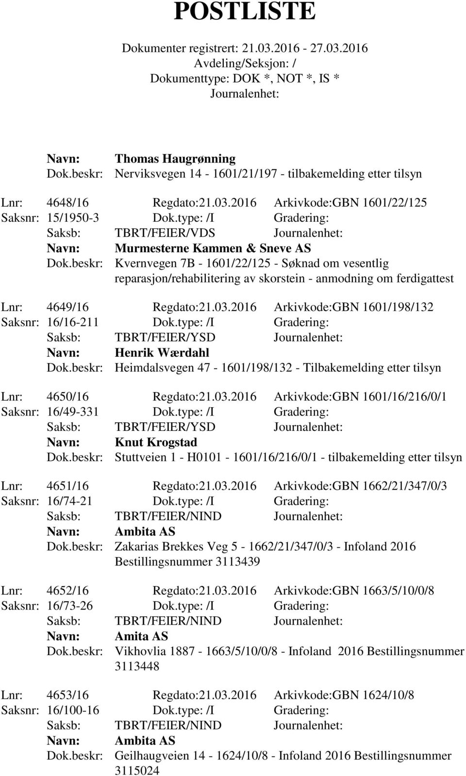 beskr: Kvernvegen 7B - 1601/22/125 - Søknad om vesentlig reparasjon/rehabilitering av skorstein - anmodning om ferdigattest Lnr: 4649/16 Regdato:21.03.