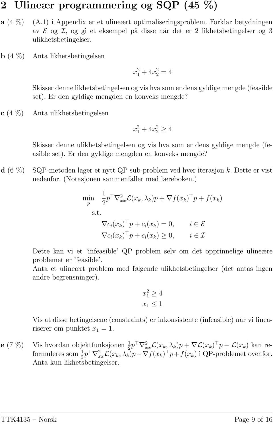 Anta likhetsbetingelsen x 2 1 + 4x 2 2 = 4 Skisser denne likhetsbetingelsen og vis hva som er dens gyldige mengde (feasible set). Er den gyldige mengden en konveks mengde?