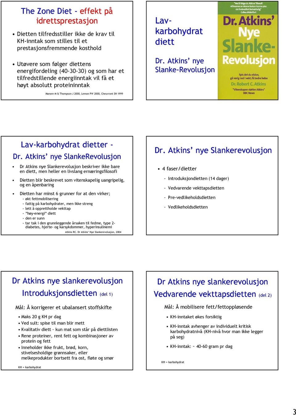 Atkins nye Slanke-Revolusjon Manore M & Thompson J 2000, Lemon PW 2000, Cheuvront SN 1999 Lav-karbohydrat dietter - Dr.