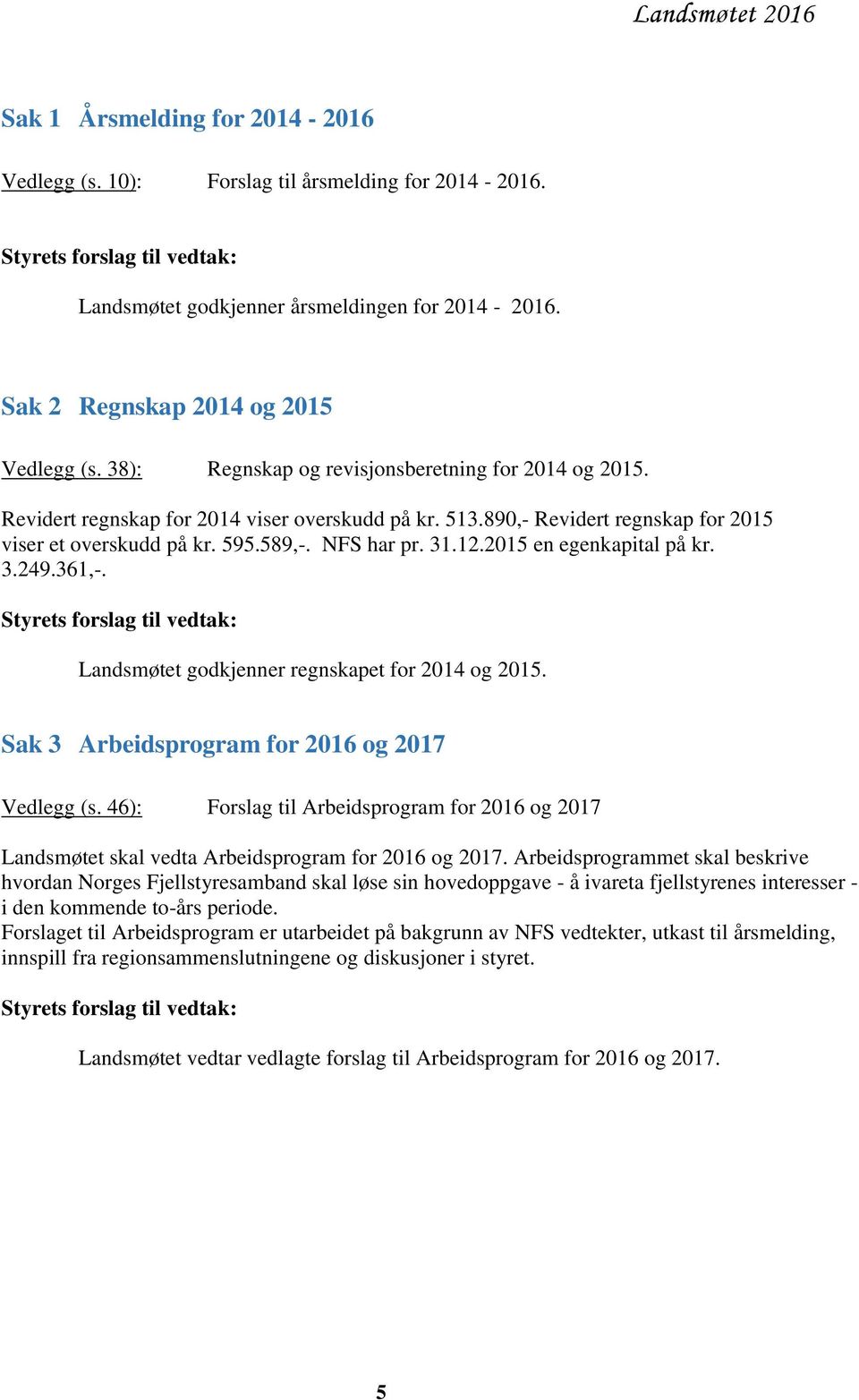 890,- Revidert regnskap for 2015 viser et overskudd på kr. 595.589,-. NFS har pr. 31.12.2015 en egenkapital på kr. 3.249.361,-.