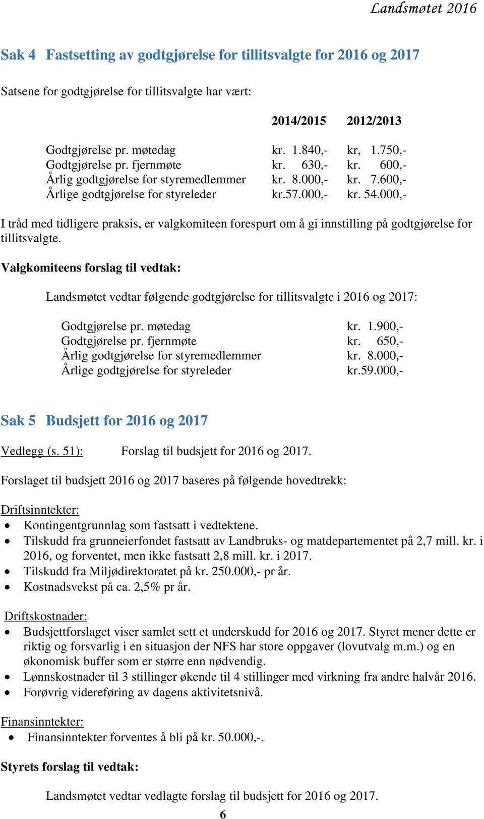 000,- I tråd med tidligere praksis, er valgkomiteen forespurt om å gi innstilling på godtgjørelse for tillitsvalgte.