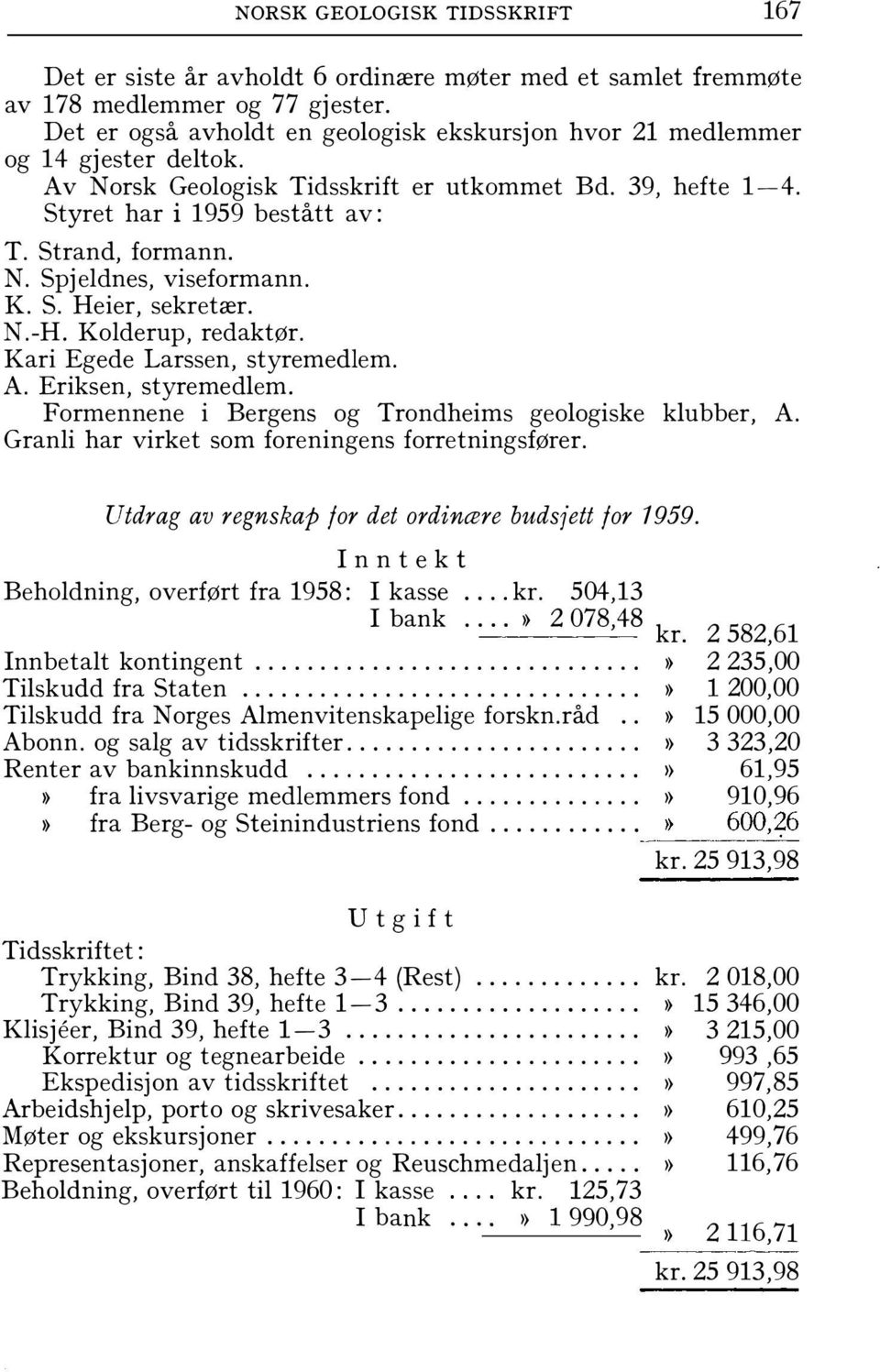 K. S. Heier, sekretær. N.-H. Kolderup, redaktør. Kari Egede Larssen, styremedlem. A. Eriksen, styremedlem. Formennene i Bergens og Trondheims geologiske klubber, A.