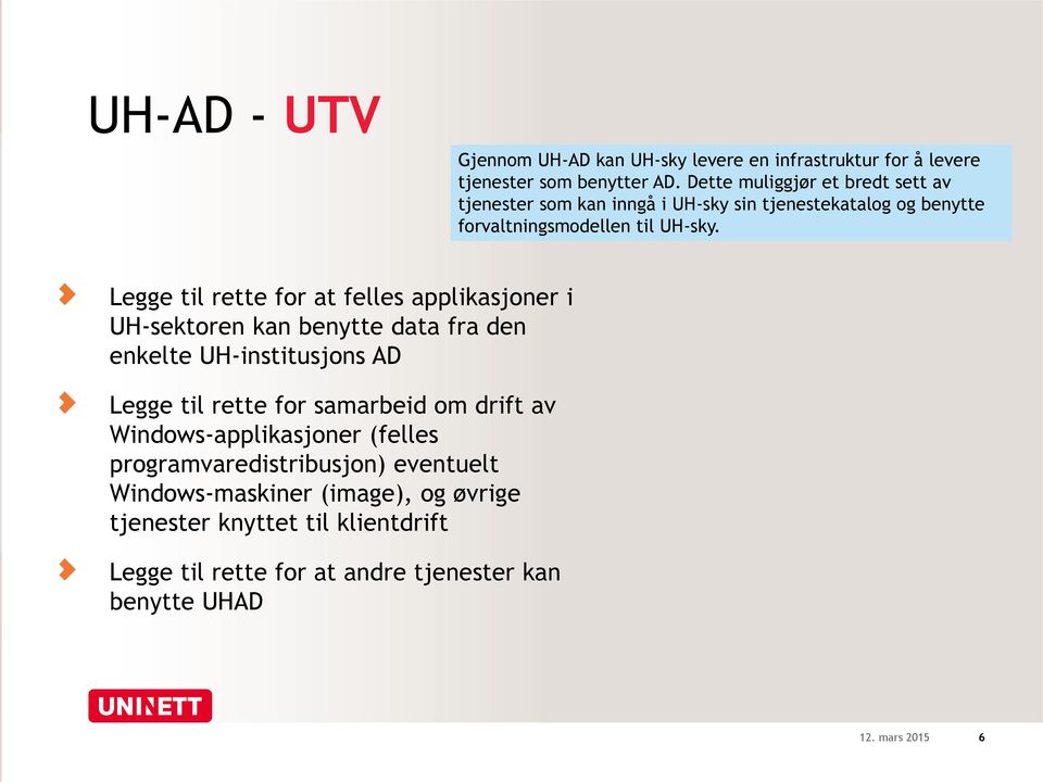 Legge til rette for at felles applikasjoner i UH-sektoren kan benytte data fra den enkelte UH-institusjons AD Legge til rette for samarbeid om