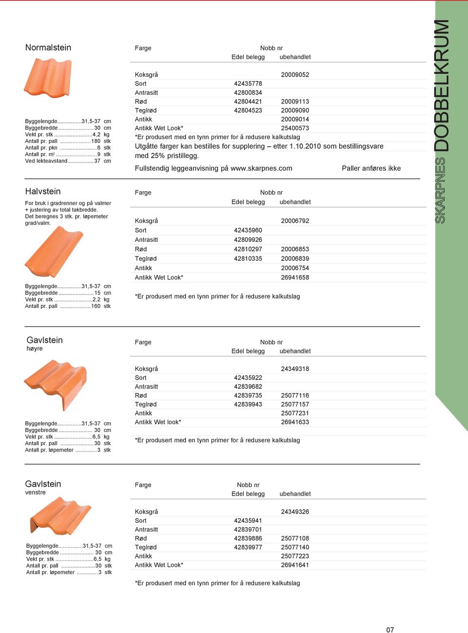 primer for å redusere kalkutslag Utgåtte farger kan bestilles for supplering etter 1.10.2010 som bestillingsvare med 25% pristillegg. Fullstendig leggeanvisning på www.skarpnes.