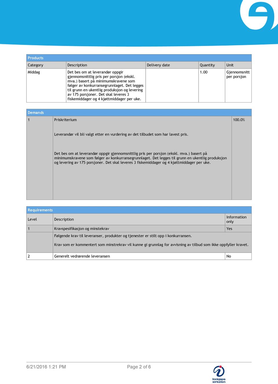 1.00 Gjennomsnitt per porsjon Demands 1 Priskriterium 100.0% Leverandør vil bli valgt etter en vurdering av det tilbudet som har lavest pris.