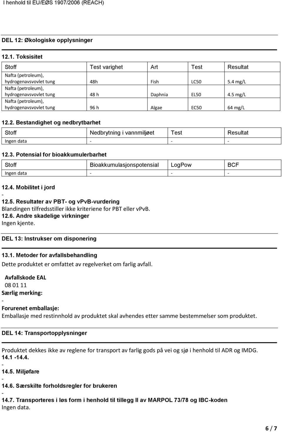 Potensial for bioakkumulerbarhet Stoff Bioakkumulasjonspotensial LogPow BCF Ingen data 12.4. Mobilitet i jord 12.5.