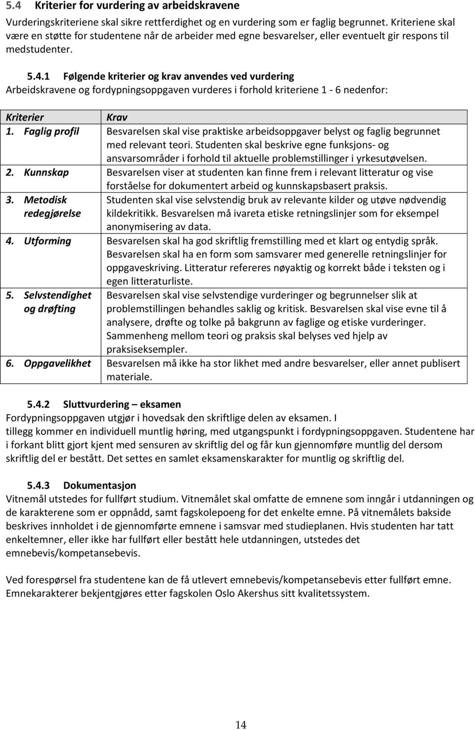 1 Følgende kriterier og krav anvendes ved vurdering Arbeidskravene og fordypningsoppgaven vurderes i forhold kriteriene 1-6 nedenfor: Kriterier Krav 1.