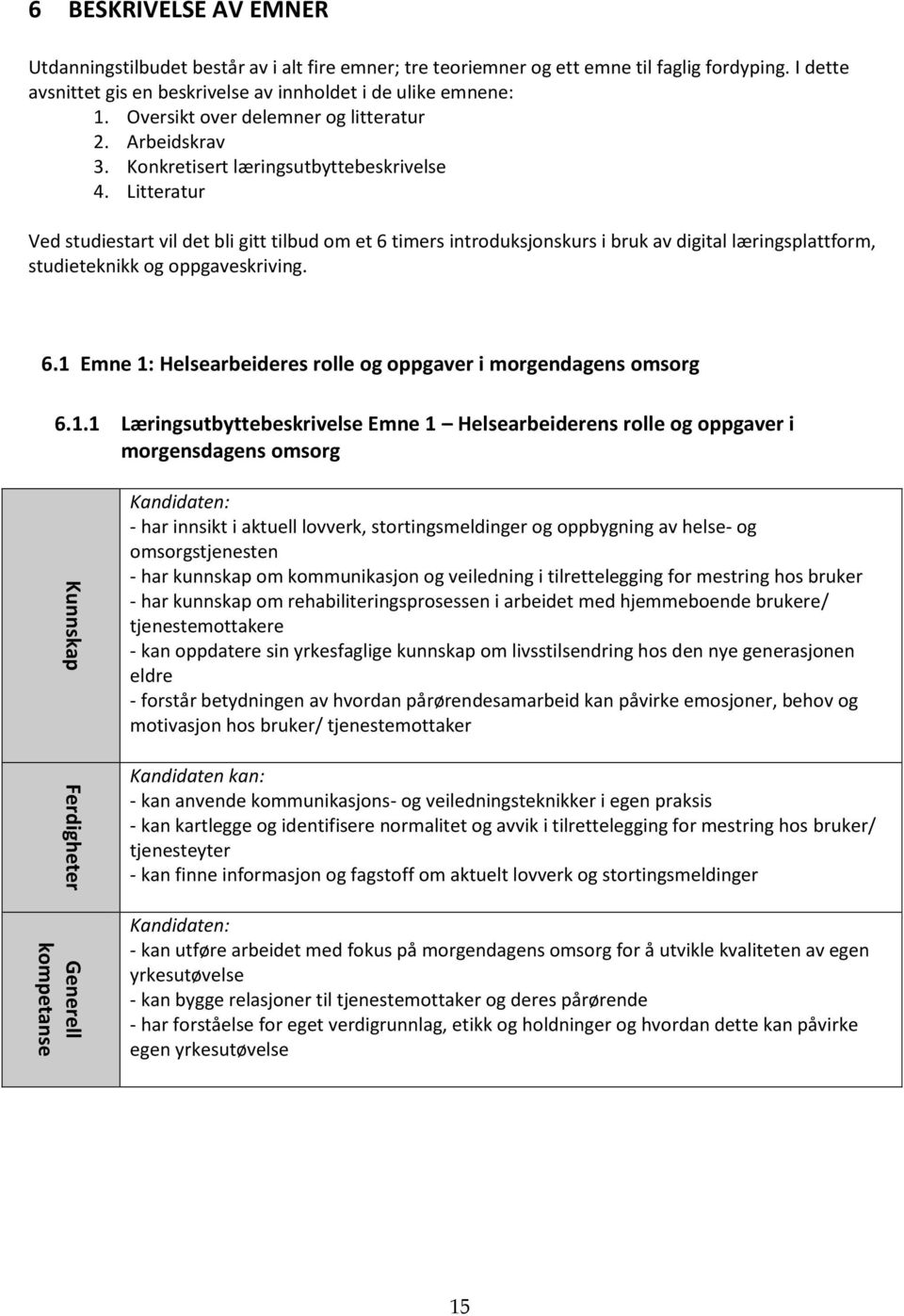 Litteratur Ved studiestart vil det bli gitt tilbud om et 6 timers introduksjonskurs i bruk av digital læringsplattform, studieteknikk og oppgaveskriving. 6.1 Emne 1: Helsearbeideres rolle og oppgaver i morgendagens omsorg 6.