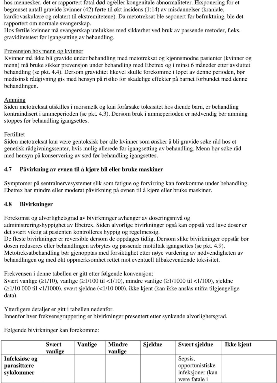 Da metotreksat ble seponert før befruktning, ble det rapportert om normale svangerskap. Hos fertile kvinner må svangerskap utelukkes med sikkerhet ved bruk av passende metoder, f.eks. graviditetstest før igangsetting av behandling.