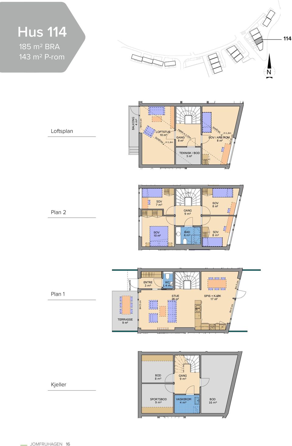 ROM 8 m² TEKNISK / BOD 3 m² Plan 2 SOV 7 m² GANG 9 m² SOV 8 m² SOV 10 m² BAD 4 m² SOV 8 m² Plan 1