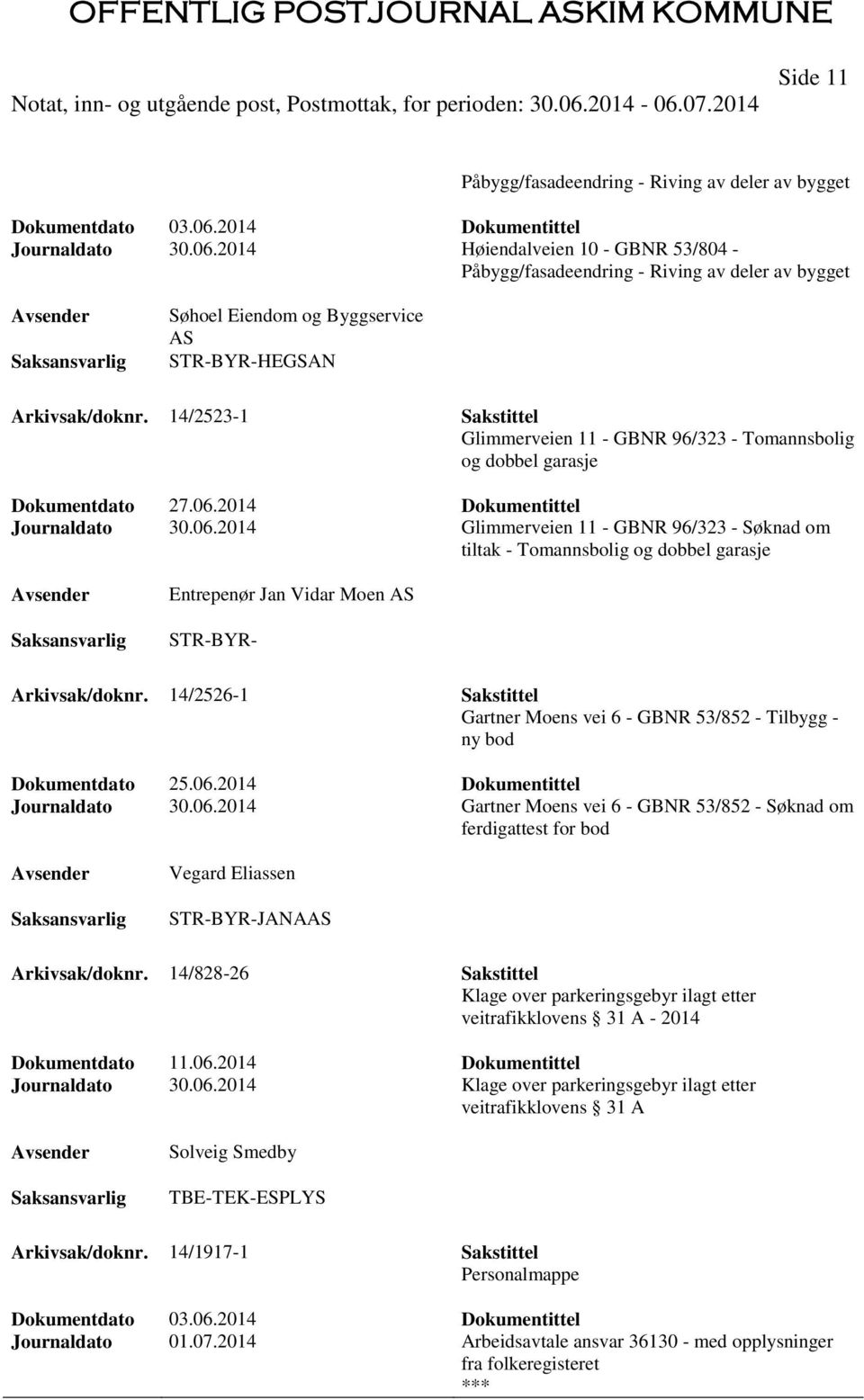 14/2523-1 Sakstittel Glimmerveien 11 - GBNR 96/323 - Tomannsbolig og dobbel garasje Dokumentdato 27.06.