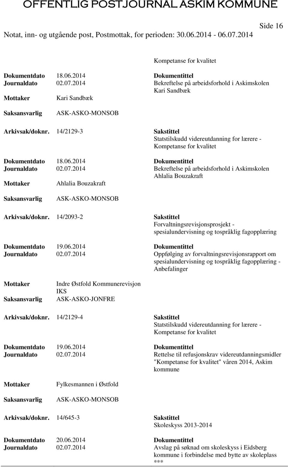 2014 Bekreftelse på arbeidsforhold i Askimskolen Ahlalia Bouzakraft Ahlalia Bouzakraft ASK-ASKO-MONSOB Arkivsak/doknr.