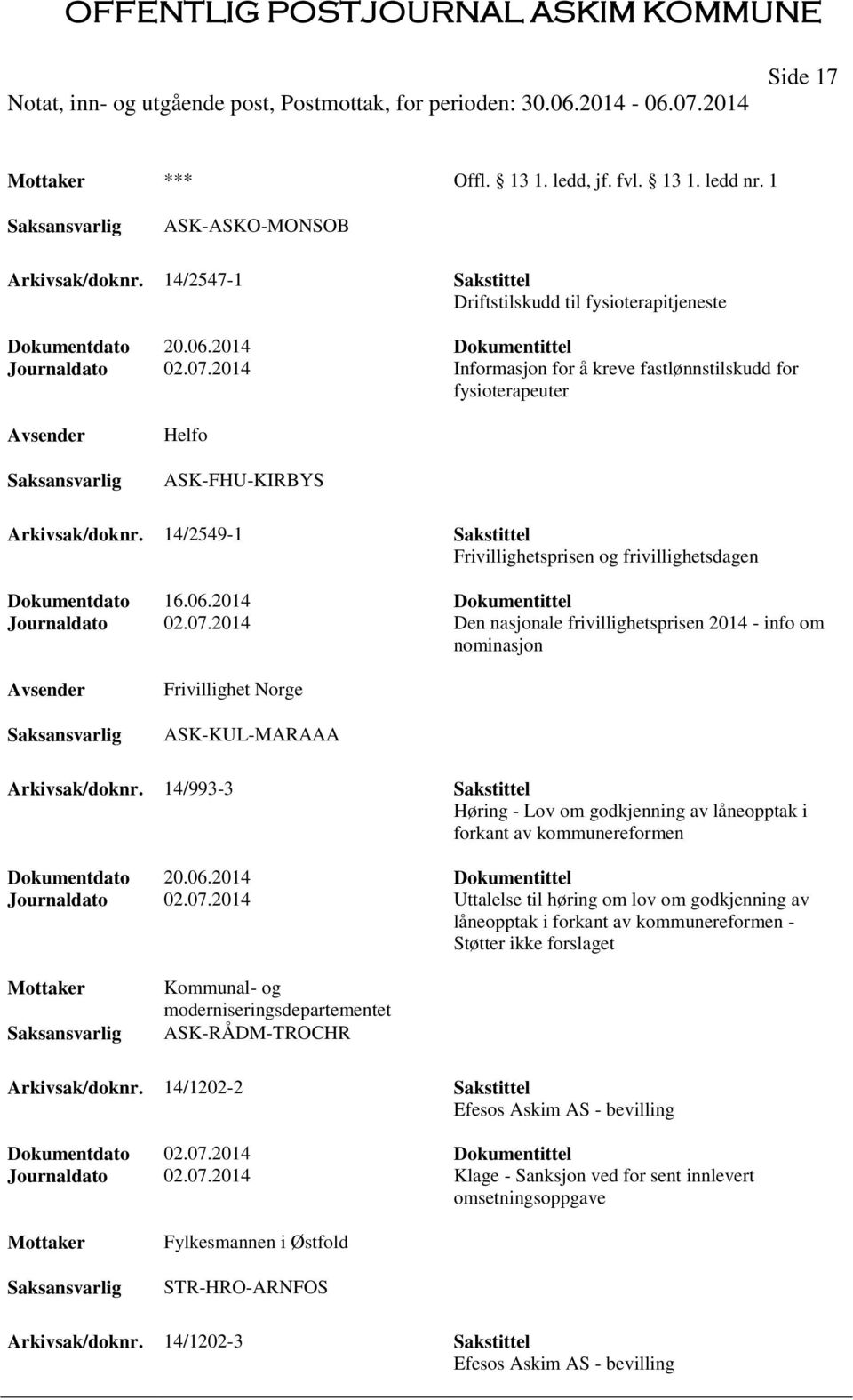 2014 Dokumentittel Journaldato 02.07.2014 Den nasjonale frivillighetsprisen 2014 - info om nominasjon Frivillighet Norge ASK-KUL-MARAAA Arkivsak/doknr.