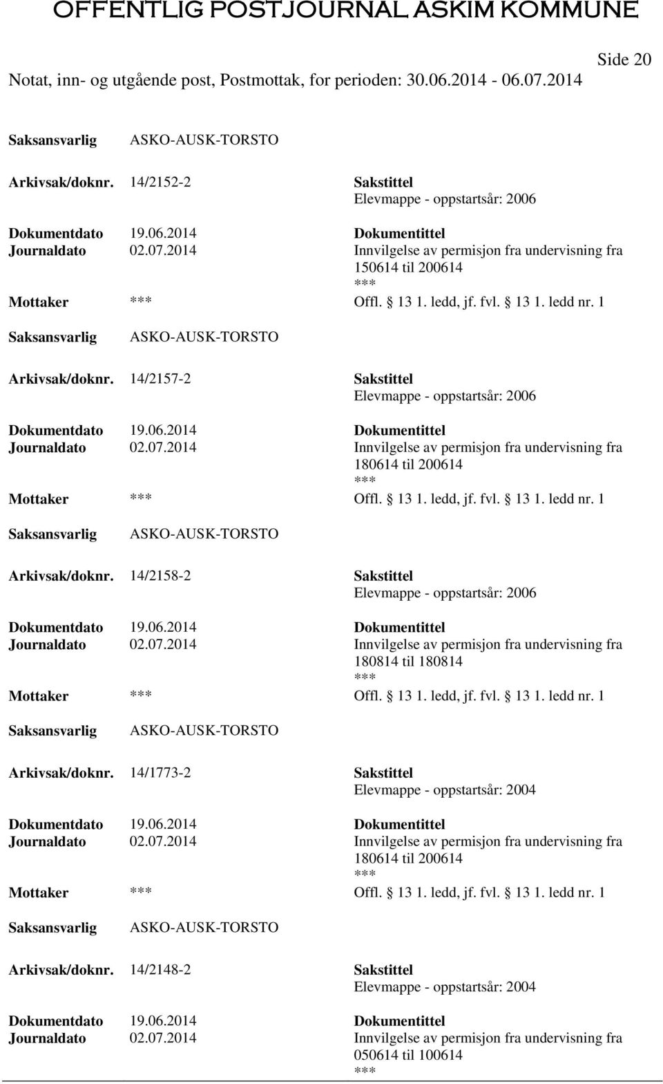 14/2157-2 Sakstittel Elevmappe - oppstartsår: 2006 Dokumentdato 19.06.2014 Dokumentittel Journaldato 02.07.2014 Innvilgelse av permisjon fra undervisning fra 180614 til 200614 Offl. 13 1. ledd, jf.