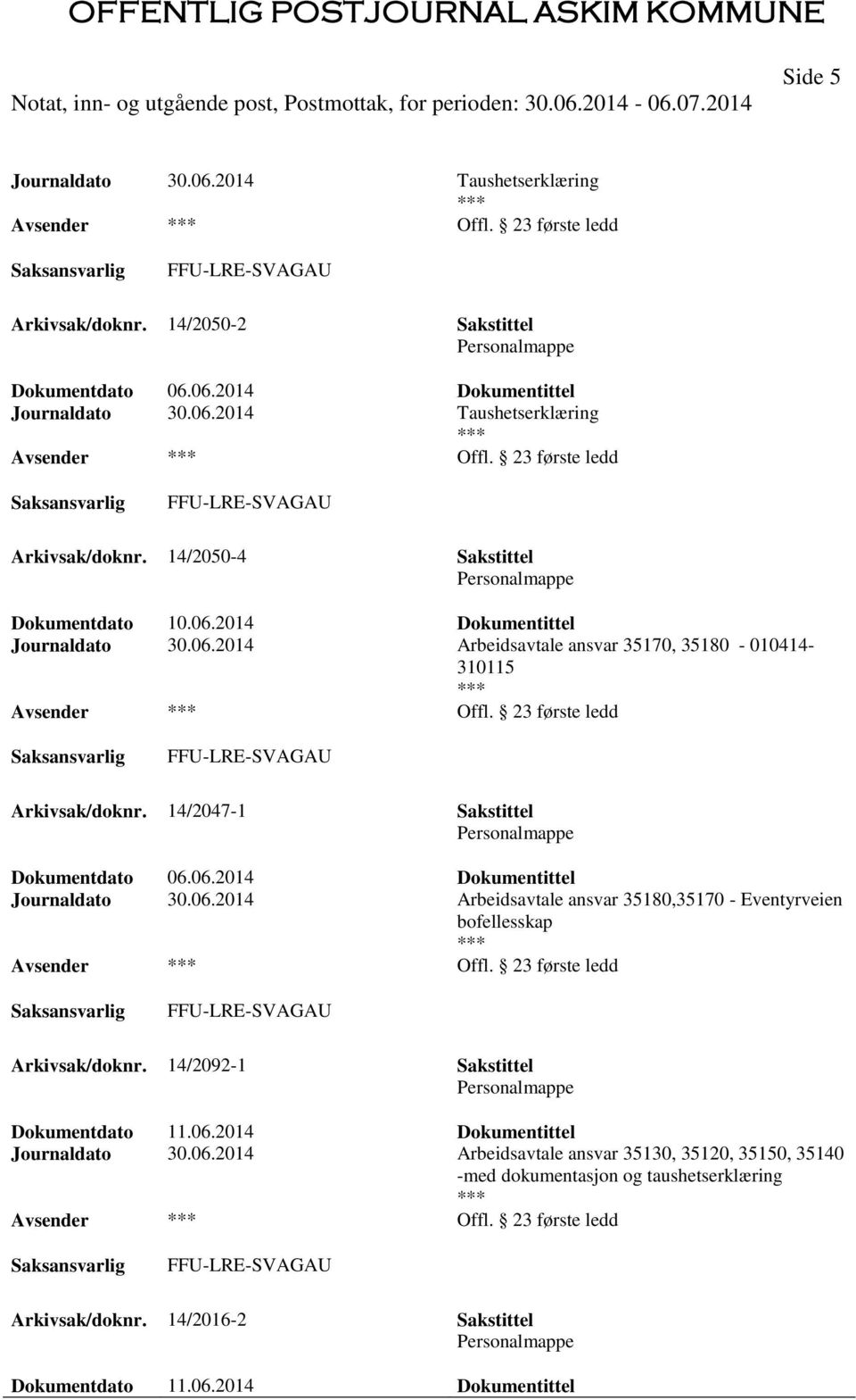 23 første ledd Arkivsak/doknr. 14/2092-1 Sakstittel Dokumentdato 11.06.2014 Dokumentittel Journaldato 30.06.2014 Arbeidsavtale ansvar 35130, 35120, 35150, 35140 -med dokumentasjon og taushetserklæring Offl.