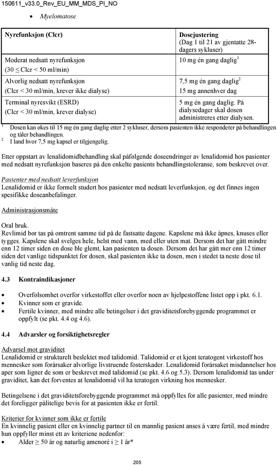 På dialysedager skal dosen administreres etter dialysen. Dosen kan økes til 15 mg én gang daglig etter 2 sykluser, dersom pasienten ikke responderer på behandlingen og tåler behandlingen.