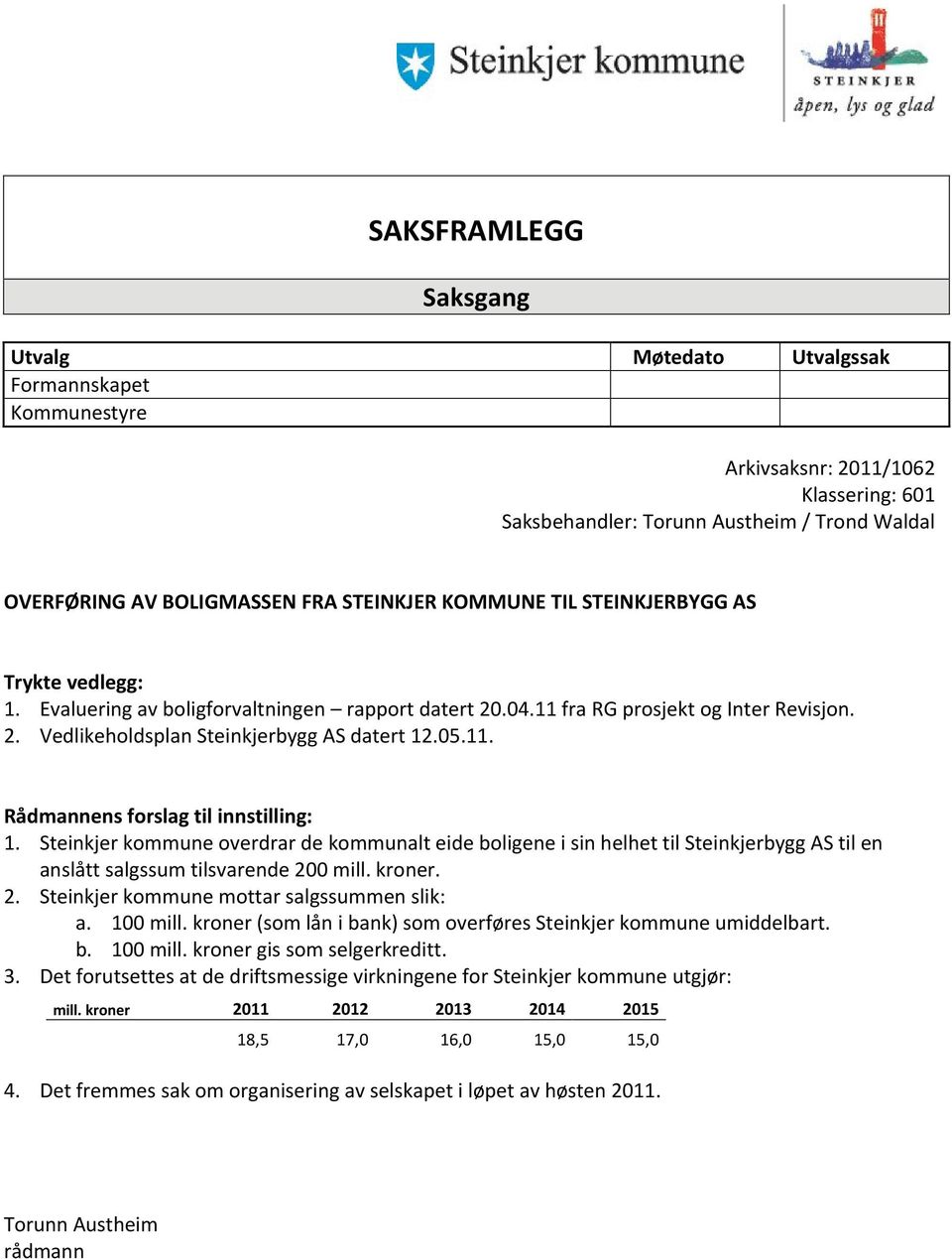 11. Rådmannens forslag til innstilling: 1. Steinkjer kommune overdrar de kommunalt eide boligene i sin helhet til Steinkjerbygg AS til en anslått salgssum tilsvarende 20