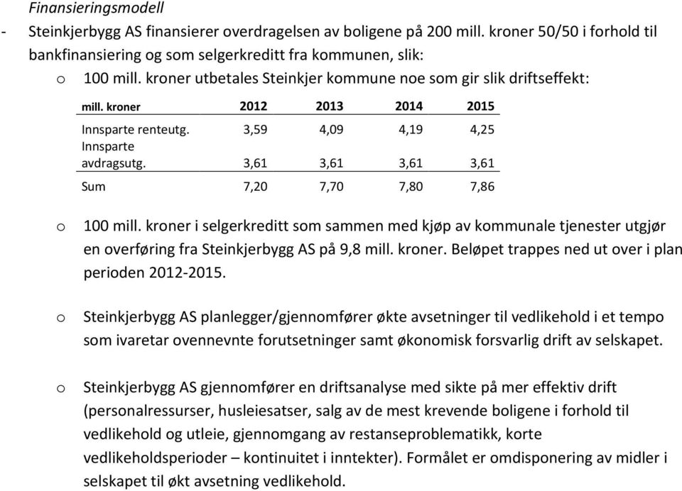 3,61 3,61 3,61 3,61 Sum 7,20 7,70 7,80 7,86 o 100 mill. kroner i selgerkreditt som sammen med kjøp av kommunale tjenester utgjør en overføring fra Steinkjerbygg AS på 9,8 mill. kroner. Beløpet trappes ned ut over i plan perioden 2012-2015.