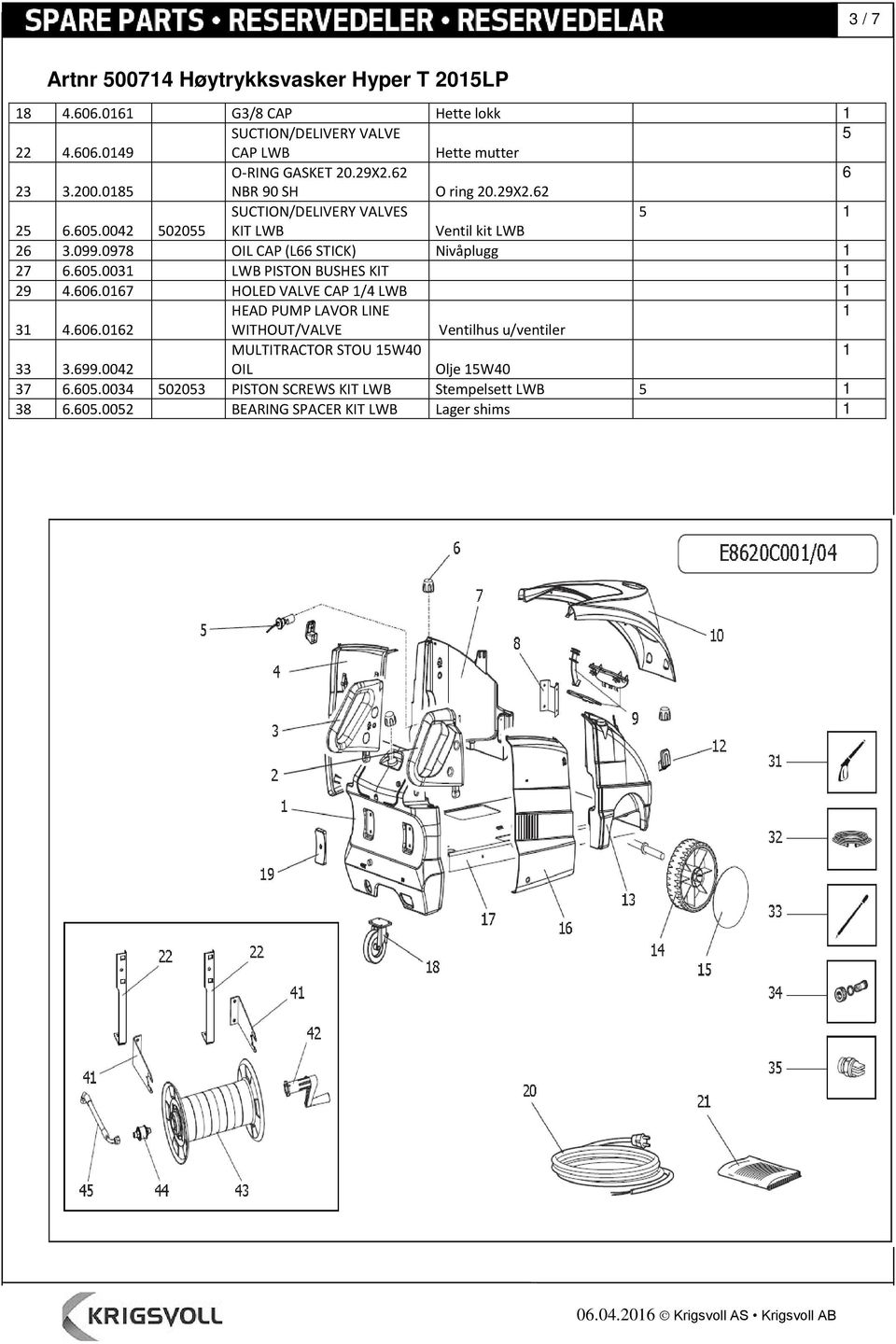 606.067 HOLED VALVE CAP /4 LWB HEAD PUMP LAVOR LINE 3 4.606.06 WITHOUT/VALVE Ventilhus u/ventiler MULTITRACTOR STOU 5W40 33 3.699.004 OIL Olje 5W40 37 6.605.