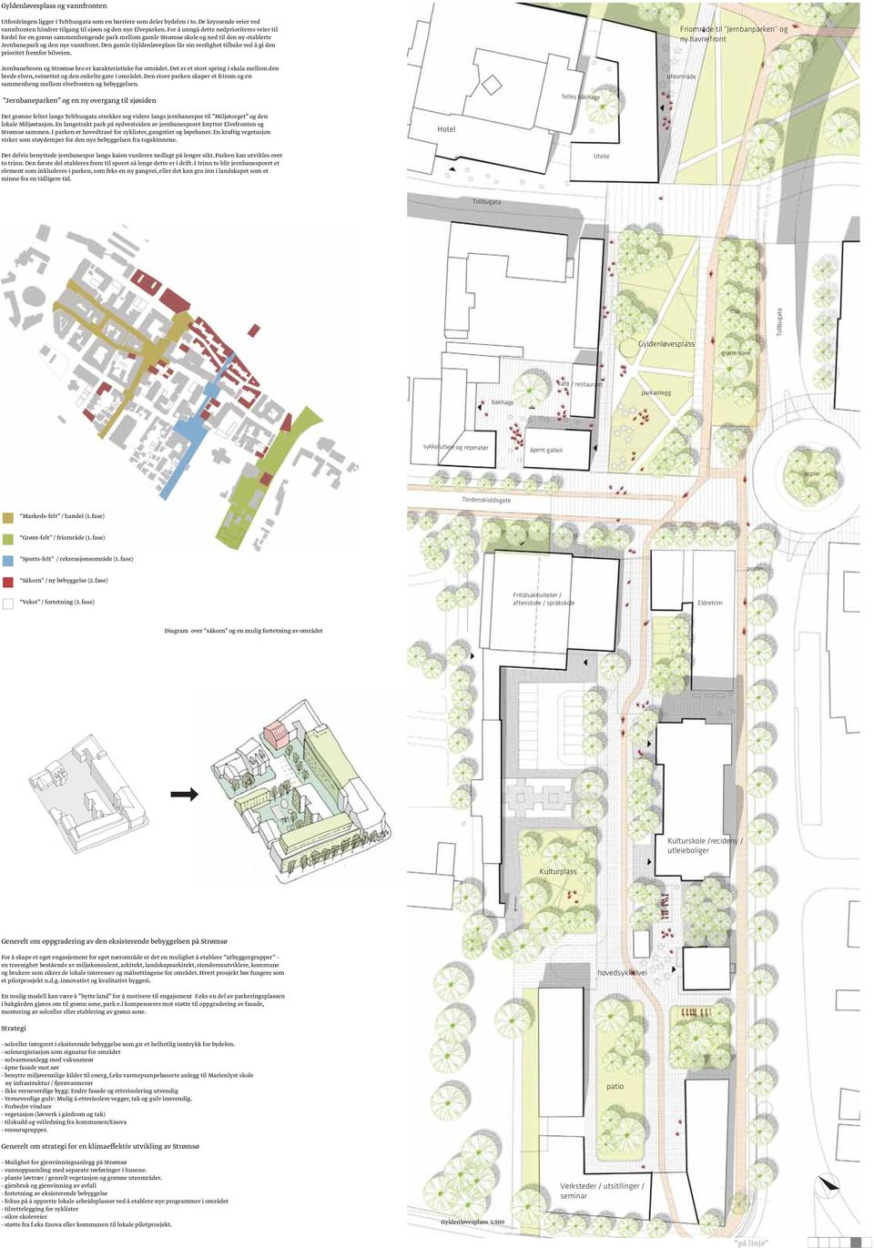 Den gamle Gyldenløveplass får sin verdighet tilbake ved å gi den prioritet fremfor bilveien. Jernbanebroen og Strømsø bro er karakteristiske for området.