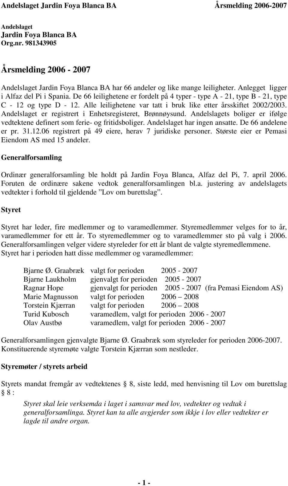 Andelslaget er registrert i Enhetsregisteret, Brønnøysund. Andelslagets boliger er ifølge vedtektene definert som ferie- og fritidsboliger. Andelslaget har ingen ansatte. De 66 andelene er pr. 31.12.