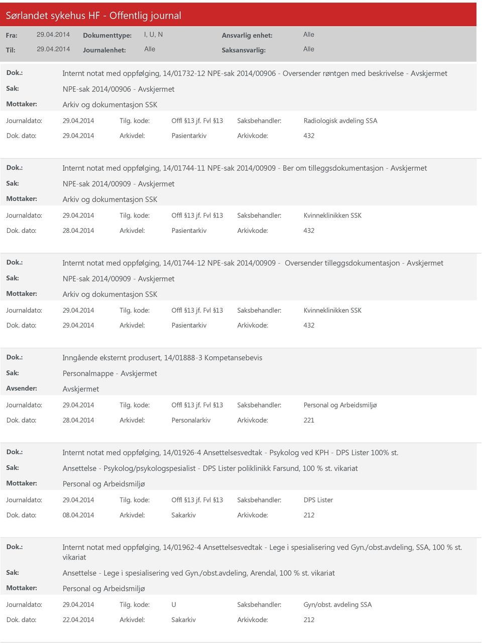 2014 Arkivdel: Pasientarkiv Arkivkode: 432 Internt notat med oppfølging, 14/01744-12 NPE-sak 2014/00909 - Oversender tilleggsdokumentasjon - NPE-sak 2014/00909 - Kvinneklinikken SSK Dok.