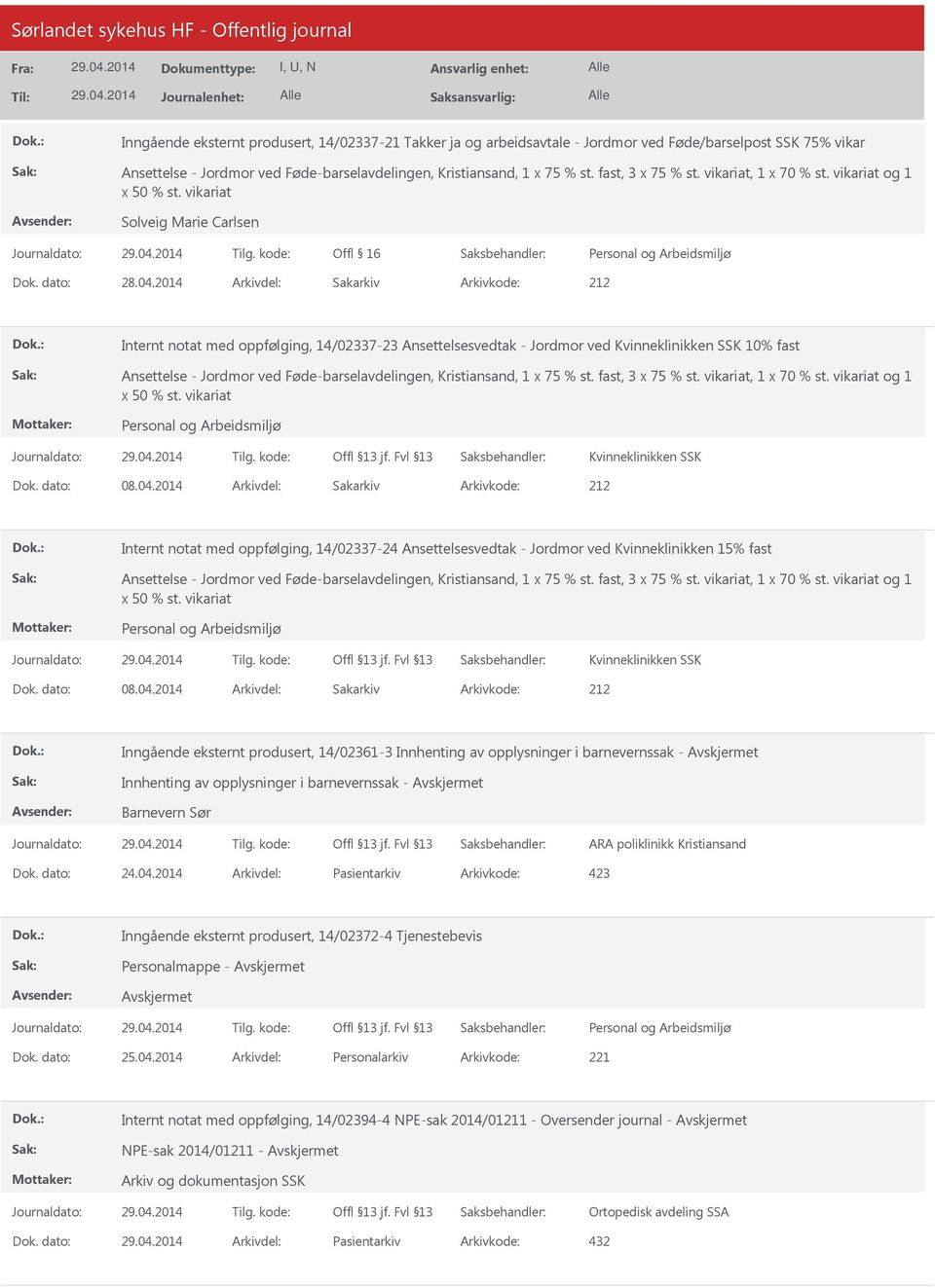 2014 Arkivdel: Sakarkiv Internt notat med oppfølging, 14/02337-23 Ansettelsesvedtak - Jordmor ved Kvinneklinikken SSK 10% fast Ansettelse - Jordmor ved Føde-barselavdelingen, Kristiansand, 1 x 75 %