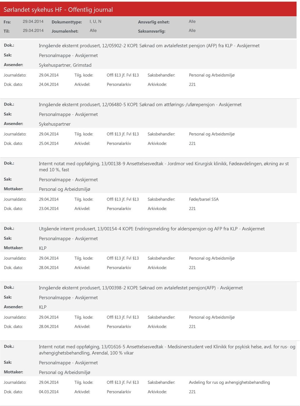 2014 Arkivdel: Personalarkiv Arkivkode: 221 Internt notat med oppfølging, 13/00138-9 Ansettelsesvedtak - Jordmor ved Kirurgisk klinikk, Fødeavdelingen, økning av st med 10 %, fast Føde/barsel SSA Dok.