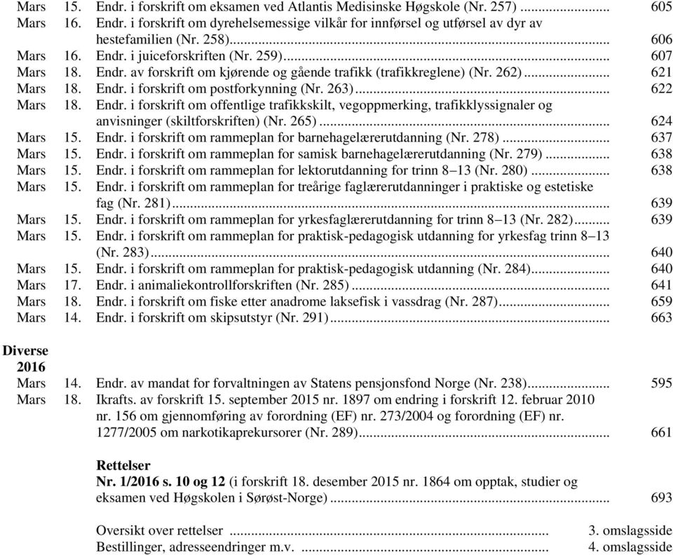 263)... 622 Mars 18. Endr. i forskrift om offentlige trafikkskilt, vegoppmerking, trafikklyssignaler og anvisninger (skiltforskriften) (Nr. 265)... 624 Mars 15. Endr. i forskrift om rammeplan for barnehagelærerutdanning (Nr.