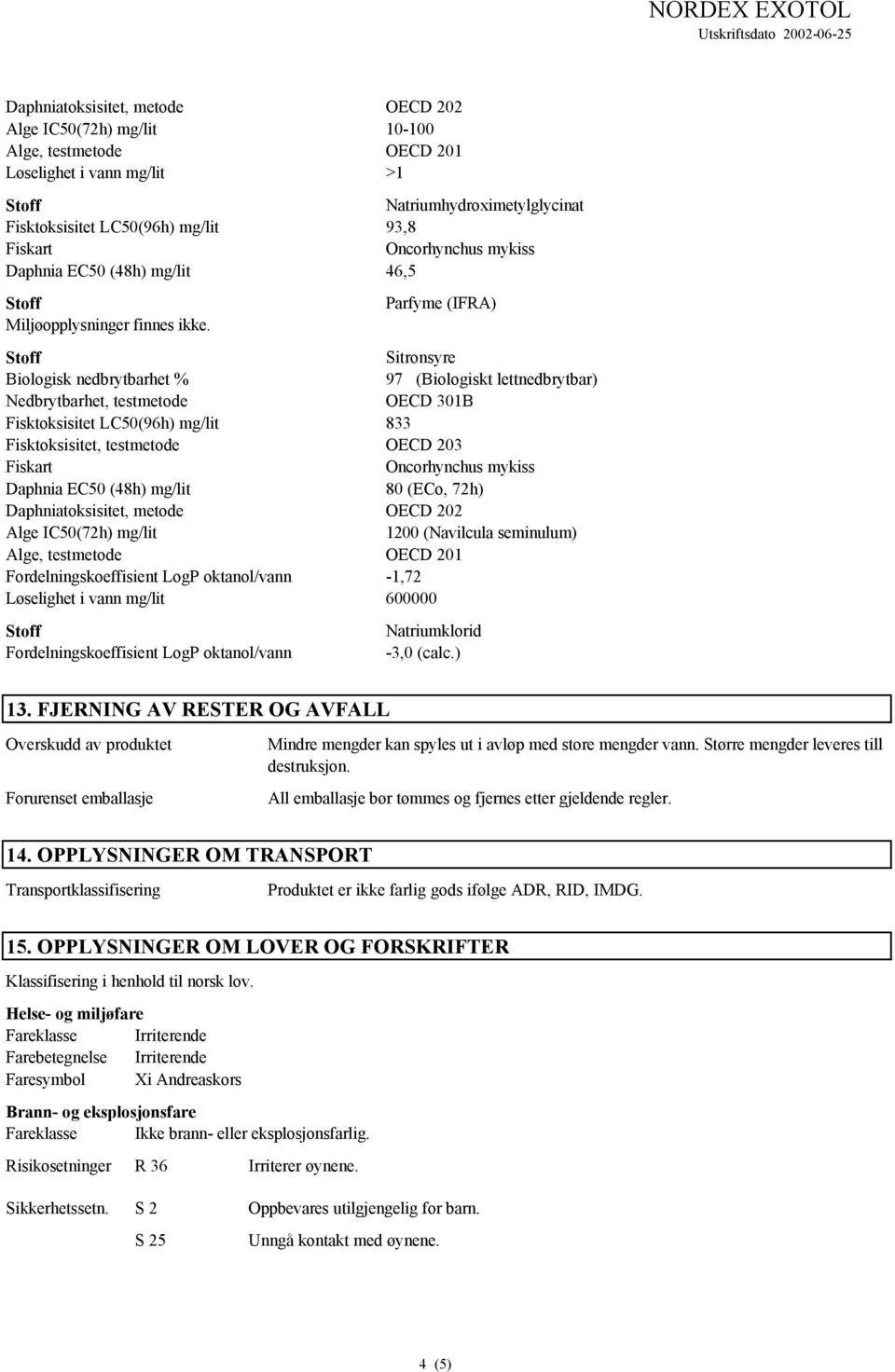 Parfyme (IFRA) Sitronsyre 97 (Biologiskt lettnedbrytbar) OECD 301B Fisktoksisitet LC50(96h) mg/lit 833 Daphnia EC50 (48h) mg/lit 80 (ECo, 72h) Daphniatoksisitet, metode OECD 202 Alge IC50(72h) mg/lit