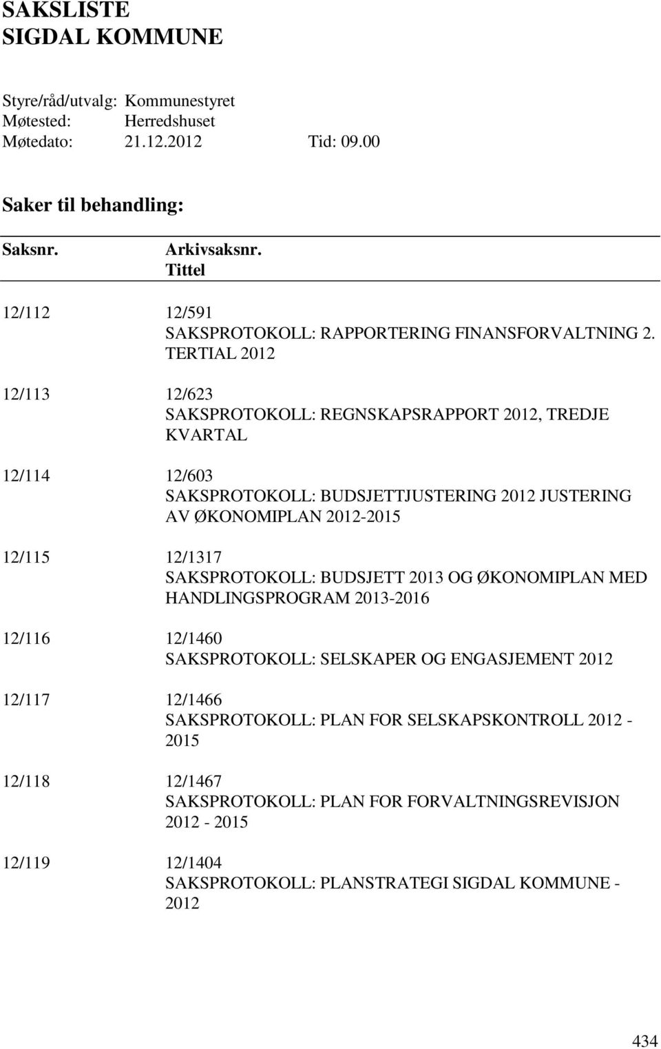 TERTIAL 2012 12/113 12/623 SAKSPROTOKOLL: REGNSKAPSRAPPORT 2012, TREDJE KVARTAL 12/114 12/603 SAKSPROTOKOLL: BUDSJETTJUSTERING 2012 JUSTERING AV ØKONOMIPLAN 2012-2015 12/115 12/1317