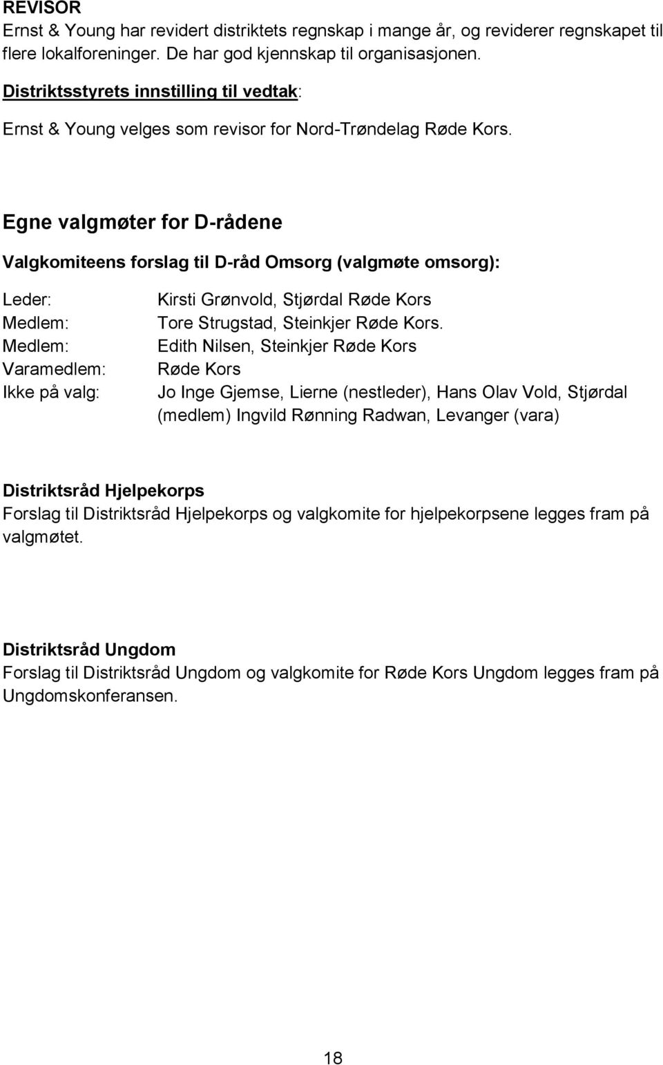 Egne valgmøter for D-rådene Valgkomiteens forslag til D-råd Omsorg (valgmøte omsorg): Leder: Medlem: Medlem: Varamedlem: Ikke på valg: Kirsti Grønvold, Stjørdal Røde Kors Tore Strugstad, Steinkjer