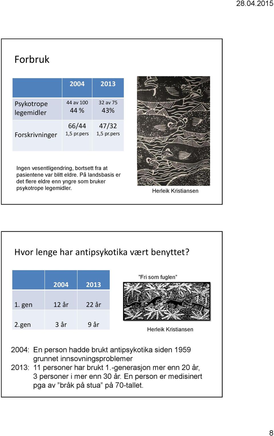 Herleik Kristiansen Hvor lenge har antipsykotika vært benyttet? 2004 2013 Fri som fuglen 1. gen 12 år 22 år 2.